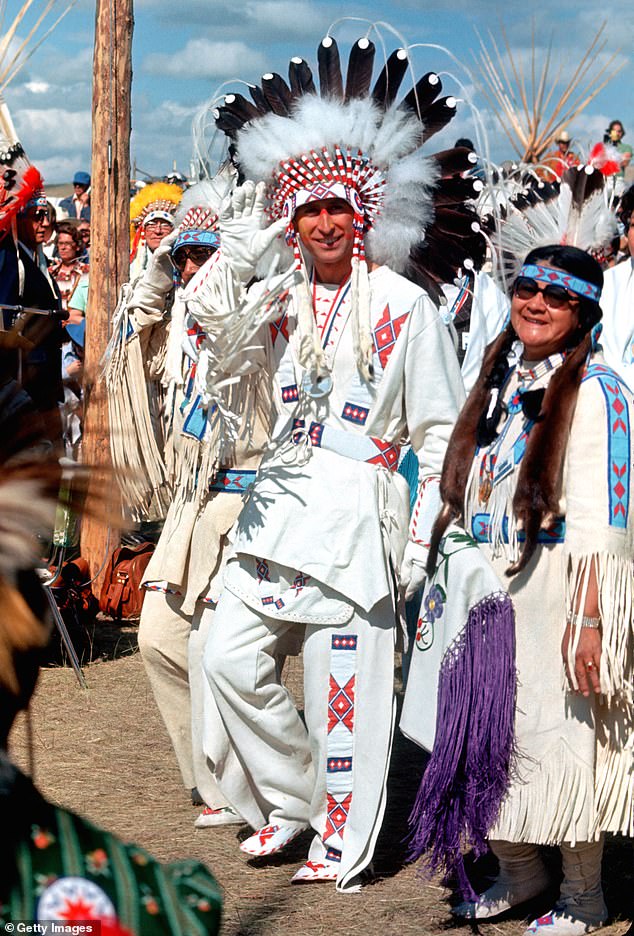 Pictured: Charles becomes Red Crow Indian Chief of the Blackfeet Nation during a visit to Canada on July 1, 1977.