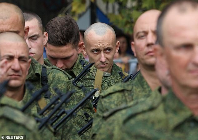 Russian reservists recruited during partial mobilization attend a ceremony before departure to military bases, in Sevastopol, Crimea, on September 27, 2022.