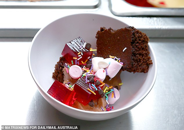 A dessert topped with Pizza Hut's iconic gelatin cubes.