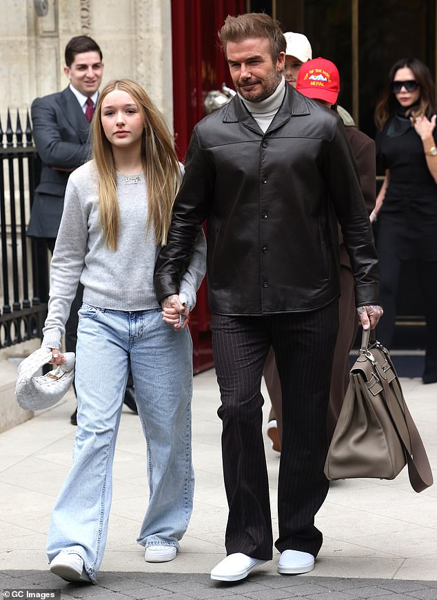 Meanwhile, her leather-clad husband David, 49, held hands with daughter Harper, 13, as they left their swanky hotel.