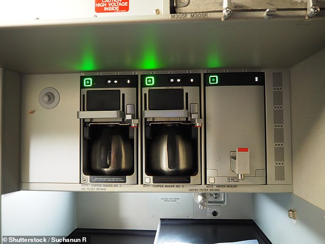 An attendant claims that the coffee pots in an airplane galley (above) are taken to the bathrooms to be emptied and that the jugs 