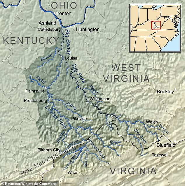 This map shows approximately where the skirmishes between the Hatfields and the McCoys occurred. The Hatfields lived primarily east of the Tug Fork River, while the McCoys lived primarily to the west.