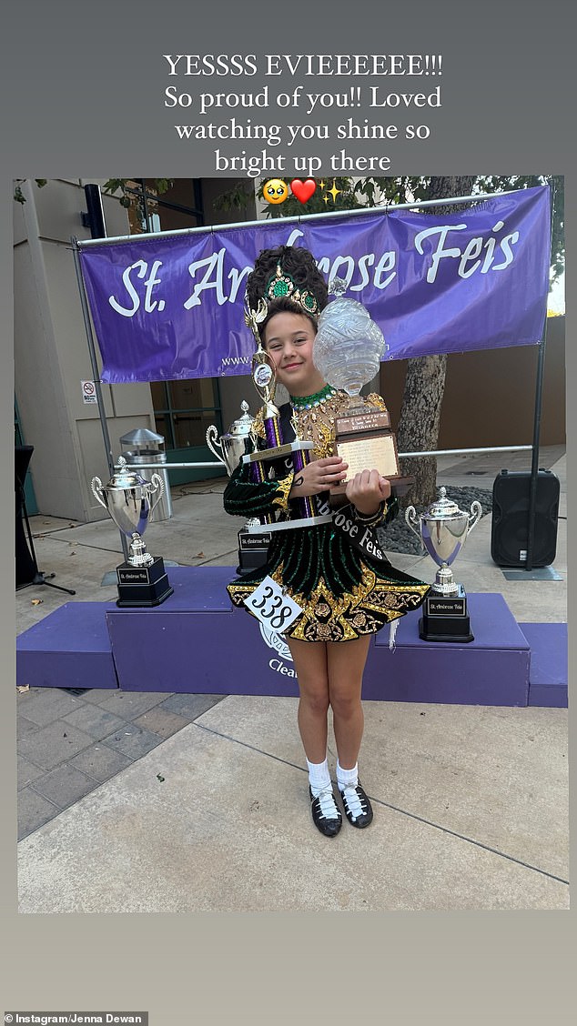 She shared two images of her fleet-footed daughter and captioned them: 'YES EVIEEEEEE!!! I am very proud of you!! I loved seeing you shine so much up there.