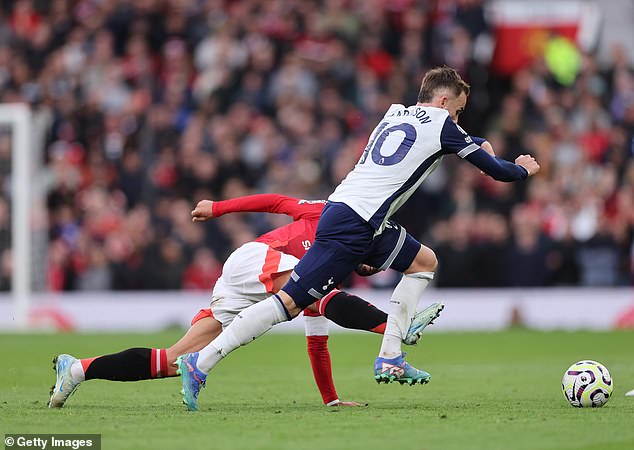 Bruno Fernandes was sent off for a tackle that grazed James Maddison's shin just before half-time.