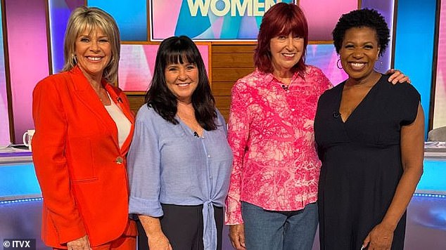 Meanwhile, long-serving presenter Ruth Langsford, who appeared in episode two, was also seen wearing a sparkly wrap dress with capped sleeves (pictured with Coleen Nolan, Janet Street Porter and Brenda Edwards).