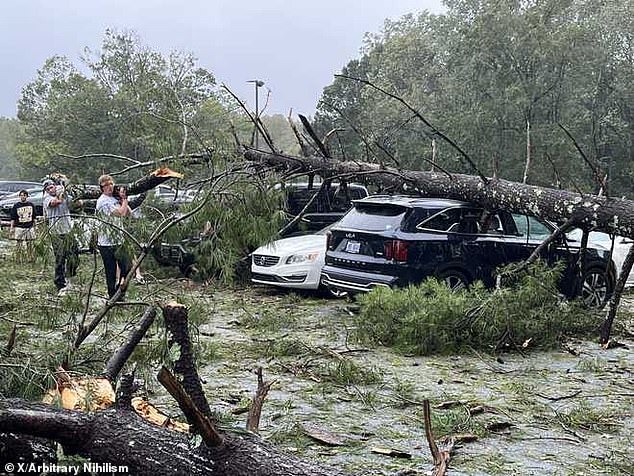 Other photos circulating on social media show shocking images of the devastation, with downed power lines and fallen trees blocking roads and crushing vehicles.