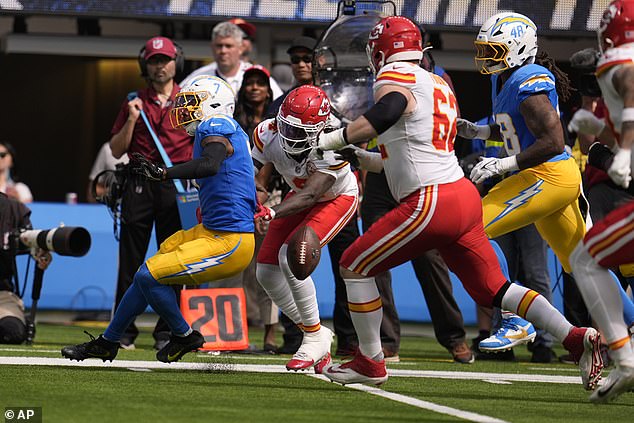 The receiver stripped the ball from Kristian Fulton before being hit by Patrick Mahomes.