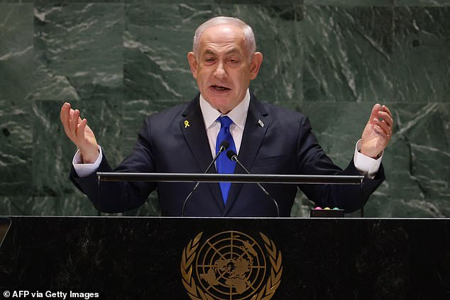 Israeli Prime Minister Benjamin Netanyahu speaking at the 79th session of the United Nations General Assembly at its headquarters in New York City on September 27.