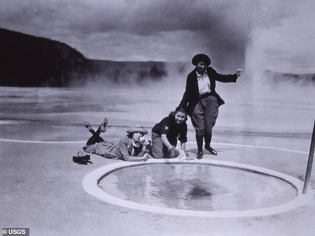 Pictured: First visitors to Handkerchief Pool, Black Sand Basin, circa 1923