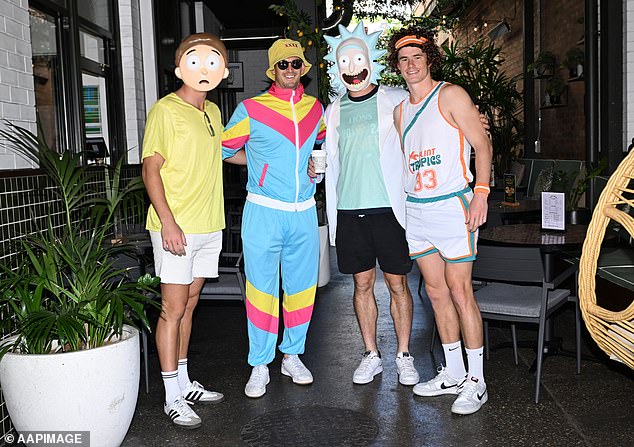 Players dressed up in all kinds of fun costumes for the Mad Monday celebration, with cartoon characters Rick and Morty (left and second from right) running around.