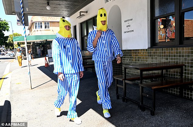 Carter Michael and Henry Smith came in blue and white striped pajamas as B1 and B2.