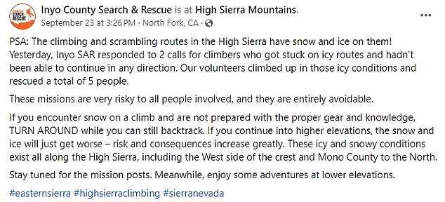 In a Sept. 23 Facebook post, Inyo County Search & Rescue made it clear that the risky rescue was 