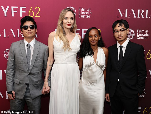 The Tomb Raider star smiled on the red carpet alongside her daughter Zahara, 19, and sons Maddox, 23, and Pax, 20.