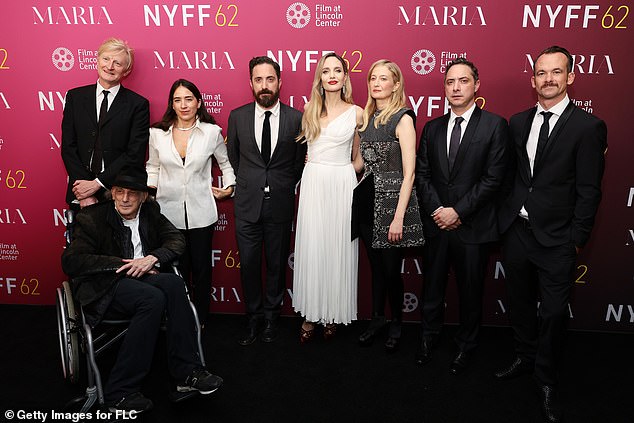 (LR) Guy Hendrix Dyas, Ed Lachman, Sofía Subercaseaux, Pablo Larraín, Jolie, Alba Rohrwacher, Juan de Dios Larraín and Jonas Dornbach