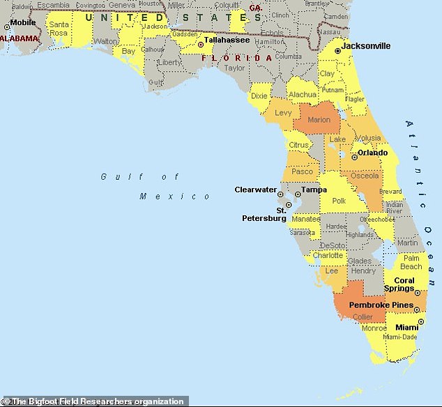 A map showing the number of Bigfoot sightings in Florida. Yellow areas indicate fewer sightings, while orange areas indicate more sightings