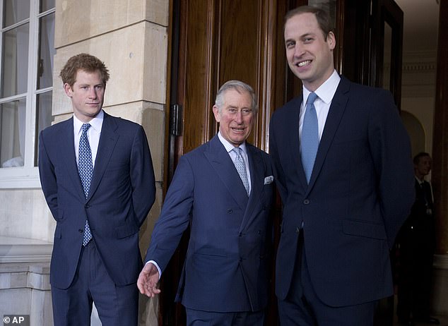 There have been questions about whether Prince Harry (left) would catch up with his father, King Charles (centre) or his brother, Prince William (right), while they were in the UK; They are seen here together outside Lancaster House in central London in February 2014.