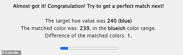 A box will appear at the top of the screen to reveal how you did. It will tell you the target shade value, the matching color, and the difference between the two.