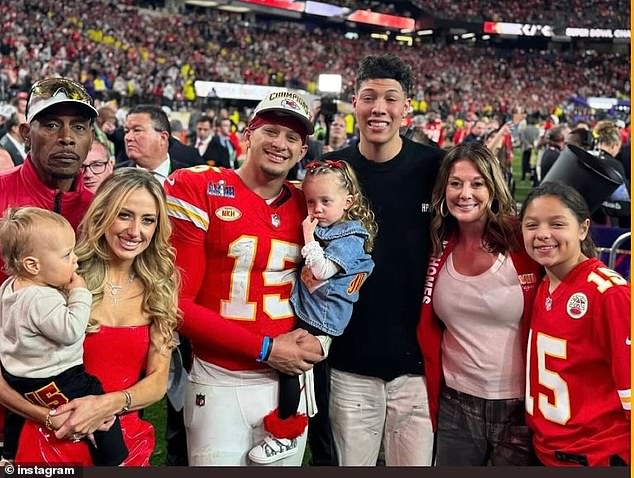 From left to right: Patrick 'Bronze' Lavon Mahomes III, Patrick Sr., Brittany, Patrick Jr., Sterling, Jackson, Randi and Mia are seen at the Chiefs' Super Bowl victory over the San Francisco 49ers.