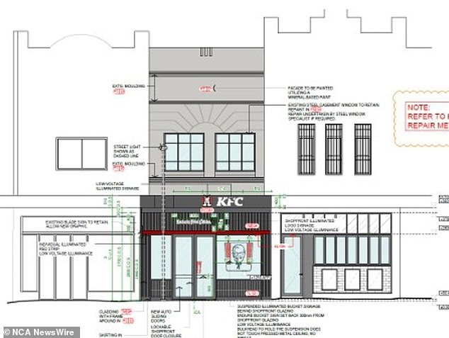 KFC's proposed storefront for 171 King St Newtown. The Sydney City Council approval document said the store will not house a conspicuous and obstructive KFC sign.