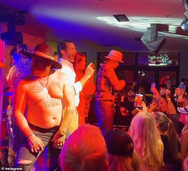 During the fundraiser, Rock performed his hit song 'Cowboy' while Don Jr. was seen dancing and singing on stage with his wife.