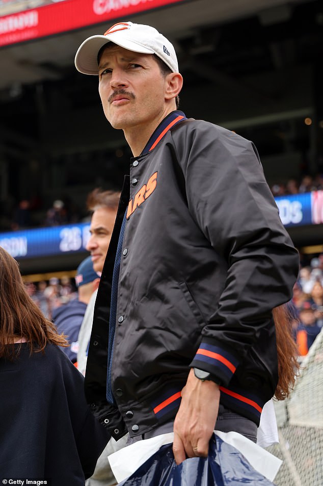 Kutcher, originally from Cedar Rapids, Iowa, about three and a half hours west of Chicago, was wearing a Bears jersey under a Bears jacket.