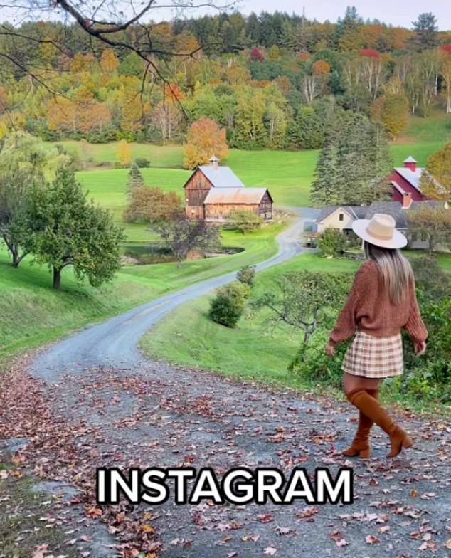 An influencer visiting Pomfret in Vermont shows off a picturesque autumn view during a hike on a quiet trail