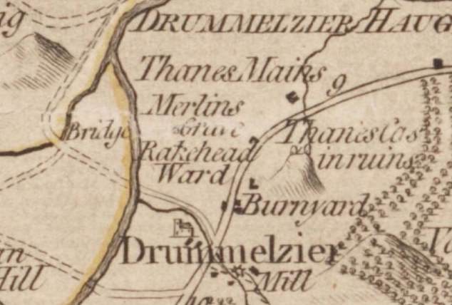 Merlin's grave marked on an old map of Peebles County from 1775