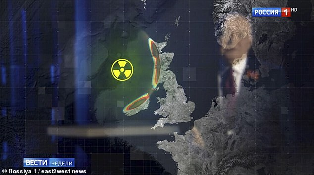 Russia's Channel 1 shows a computer-generated model of Britain being 