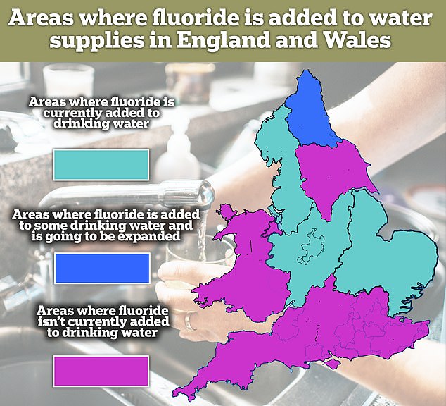 This map shows areas in England and Wales where fluoride is added directly to the drinking water supply. Some areas of the UK have naturally high levels of the mineral in their water and are not represented on this map.