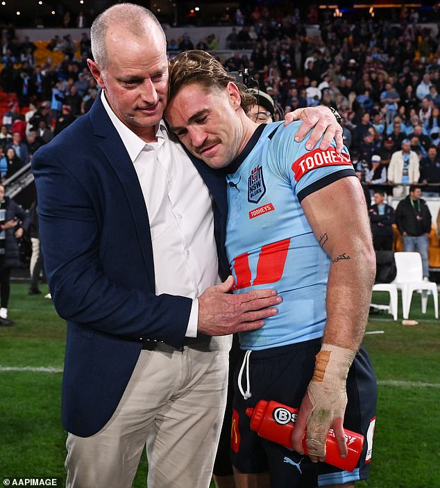 Connor Watson was a bold choice in the eyes of some Blues fans, but Maguire had no doubt the hooker would cope on rugby league's toughest stage (pictured after winning the series in Brisbane)