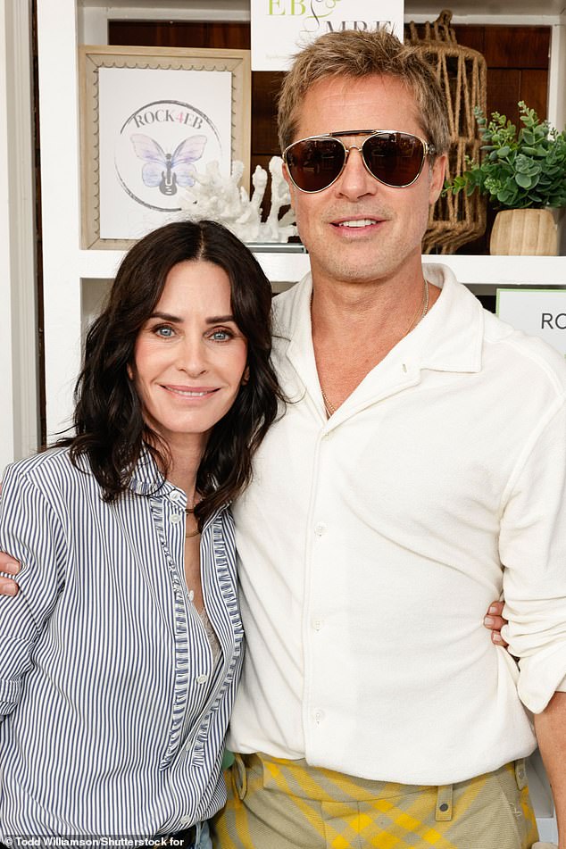 Brad Pitt made a rare sighting with Courteney Cox at the Rock4EB charity event in Malibu, California, on Saturday. The Troy actor, 60, had his arm around the Friends actress, also 60, who looked a little apprehensive.