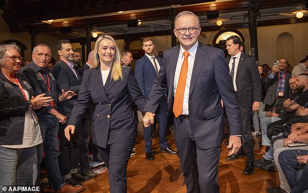 Asked about the speech, Mr Albanese (pictured with his partner Jodie Haydon) highlighted the points his government has in common with the Business Council of Australia.