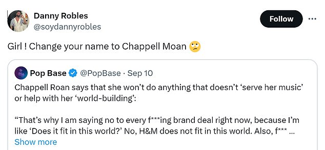 The rising artist has earned a reputation for being a complainer, and one fan on X hilariously suggested she change her name to 'Chappell Moan.'