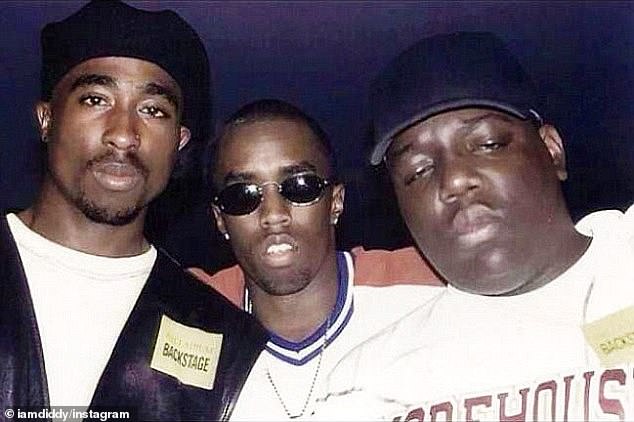 Tupac Shakur was shot and killed at the height of the East Coast-West Coast rap rivalry in the 1990s. He is pictured with Combs and his rap rival Biggie Smalls, aka Christopher Wallace (right) and Sean 