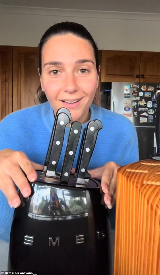 Adriana currently uses the Smeg block to display her own knives at home.