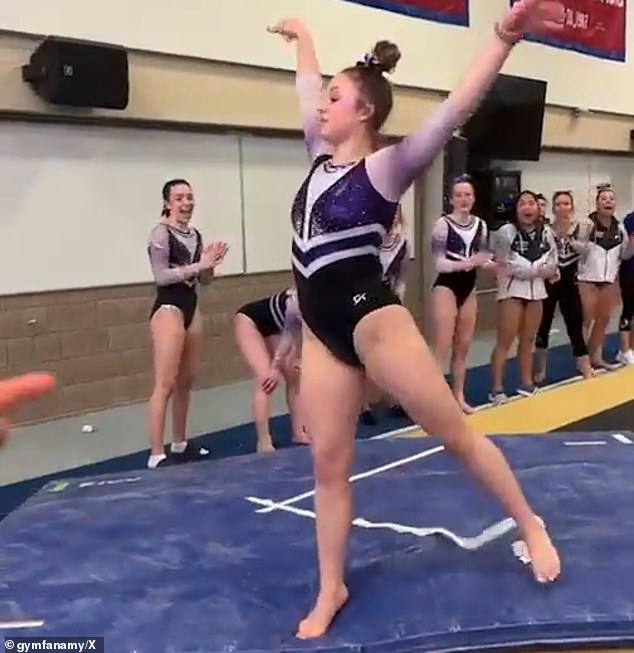 Welsh was a star athlete at her university, having won a national title in vault in her junior year. She also competed as a floor specialist (pictured)