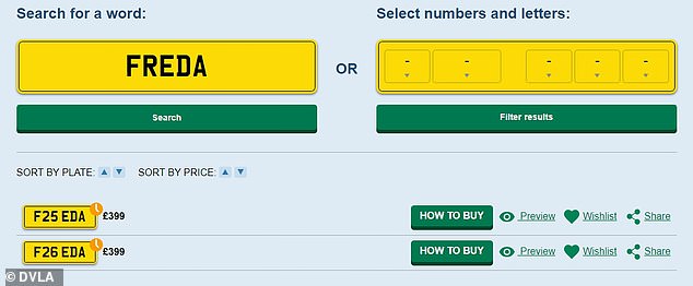 You can use the DVLA search facility to search for a word or a combination of numbers and letters. For example, enter your name and the search will provide the closest match.