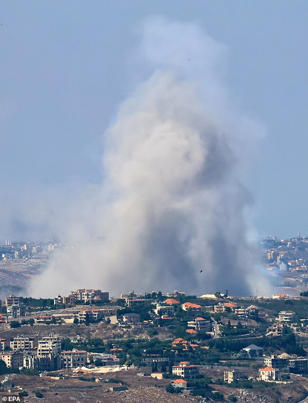 Smoke rises from the site of an Israeli airstrike targeting villages in southern Lebanon, as seen from Marjaayoun, southern Lebanon, on September 25, 2024.