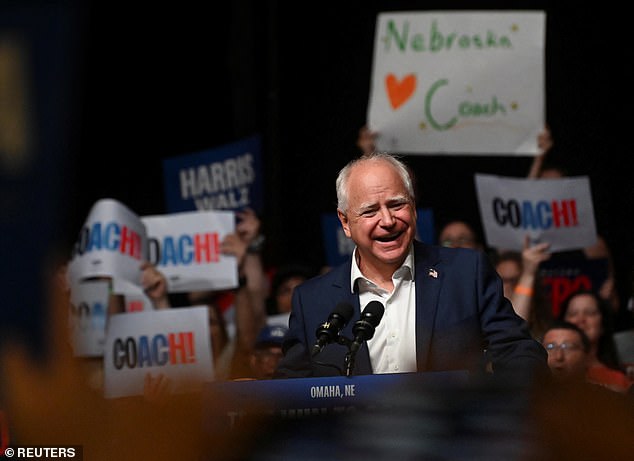 Democratic vice presidential nominee Tim Walz during a campaign stop in Omaha, Nebraska, on Aug. 17, 2024. Walz grew up in the state.