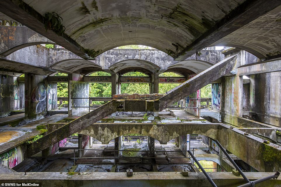 Previously used as a college for priests, the structure has endless floors reminiscent of a post-apocalyptic scene, with foliage crawling across the concrete.