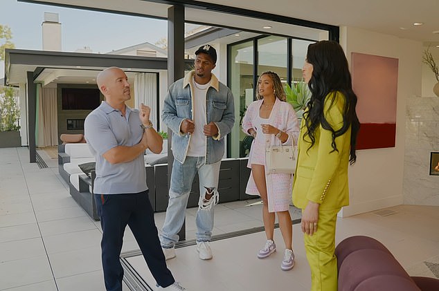 Watson and her partner are pictured alongside regular cast members Jason Oppenheim (left) and Amanza Smith (right) as they look for a new apartment in Los Angeles.