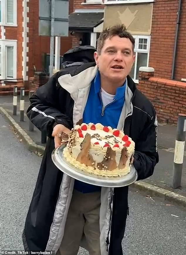 Mathew, who plays Gavin in the hit BBC comedy, ran towards fans with his giant birthday cake, which he almost dropped after tripping, and asked: 