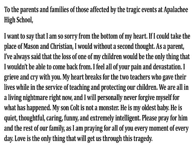 Georgia school shooter Colt Grays mother writes humiliating letter to