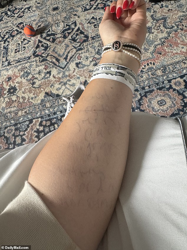 The shorthand scribbles on Alexa Cimino's arm for her one-minute introduction to Kill Tony