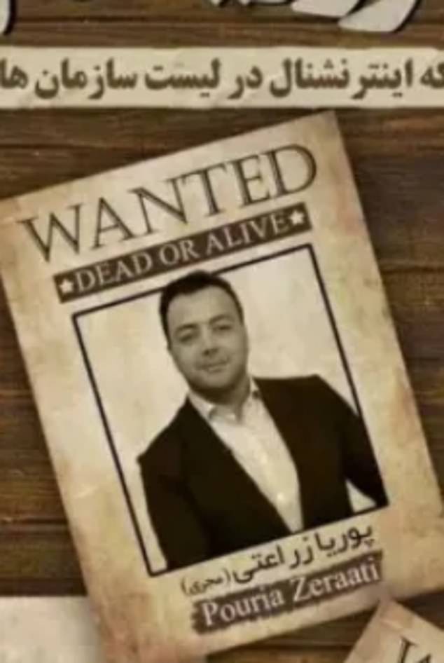 Iranian journalist Pouria Zeraati, a British citizen, was stabbed four times on the pavement outside his home on March 29 in Wimbledon, a suburb of London. He appears on a poster 