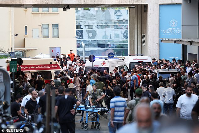 Ambulances arrive at the American University of Beirut Medical Center (AUBMC) yesterday