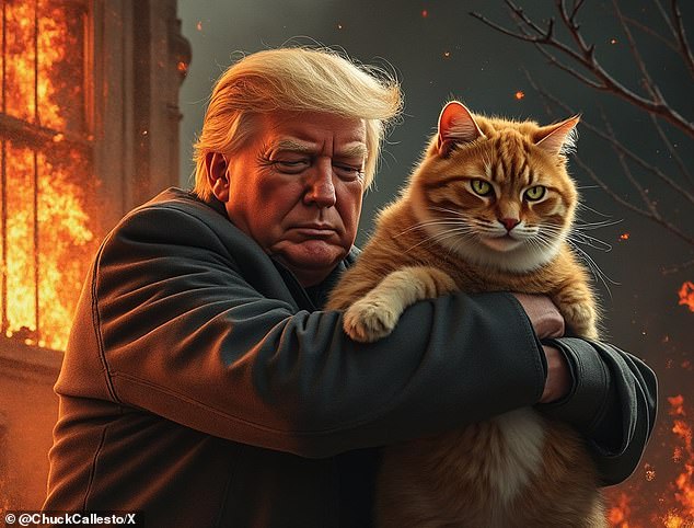 Another image shows Trump rescuing a chubby cat from a fire.