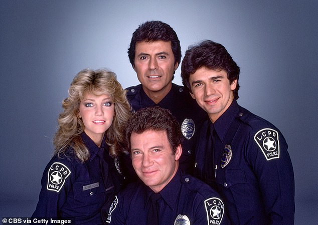 Darren was also known for his recurring role as police officer Jim Corrigan on the drama series TJ Hooker; from left: Heather Locklear, James, Adrian Zmed and William Shatner (front) seen in a 1985 promotional image from TJ Hooker.