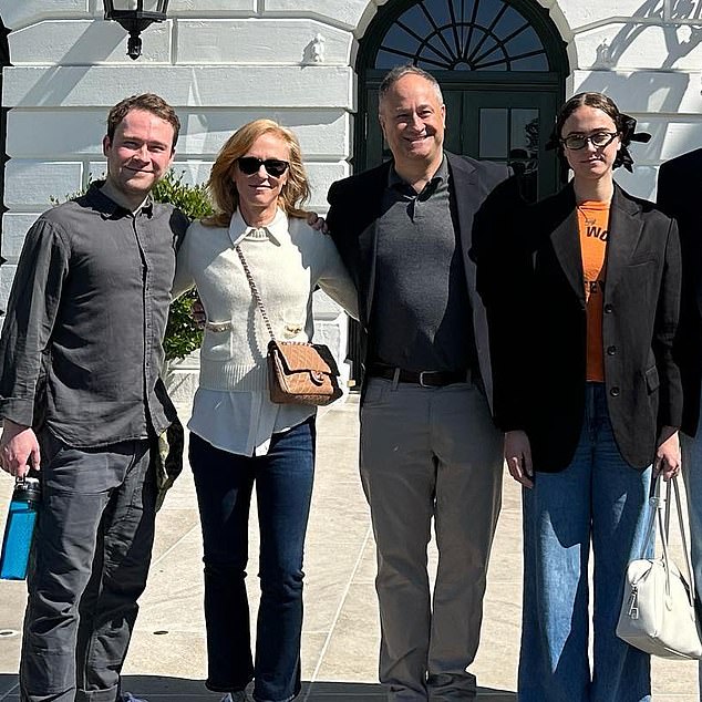 Emhoff, 59 (center-right) and his ex-wife, film producer Kerstin, 57 (center-left), ended their 16-year marriage in 2009 when she discovered the affair, sources said. Their daughter Ella (right) was 10 years old and their son Cole (left) was 15 at the time.