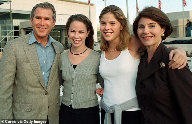 Jenna photographed with her twin sister, Barbara, and her parents, George W. and Laura, in 1997.